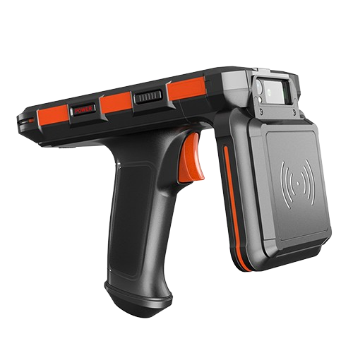 Handheld RFID and barcode scanner devices with ergonomic pistol-grip design and integrated touchscreen for industrial data collection.