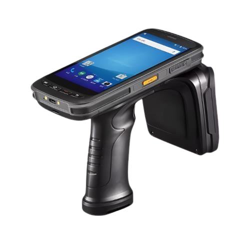 Handheld RFID and barcode scanner devices with ergonomic pistol-grip design and integrated touchscreen for industrial data collection.