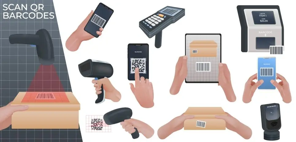 Various barcodes and scanners displayed together, showcasing different styles and types used for product identification.