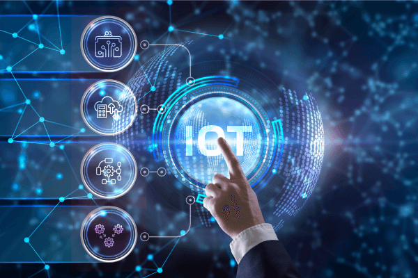 A futuristic cityscape showcasing interconnected smart devices and technology, symbolizing the evolution of the Internet of Things.